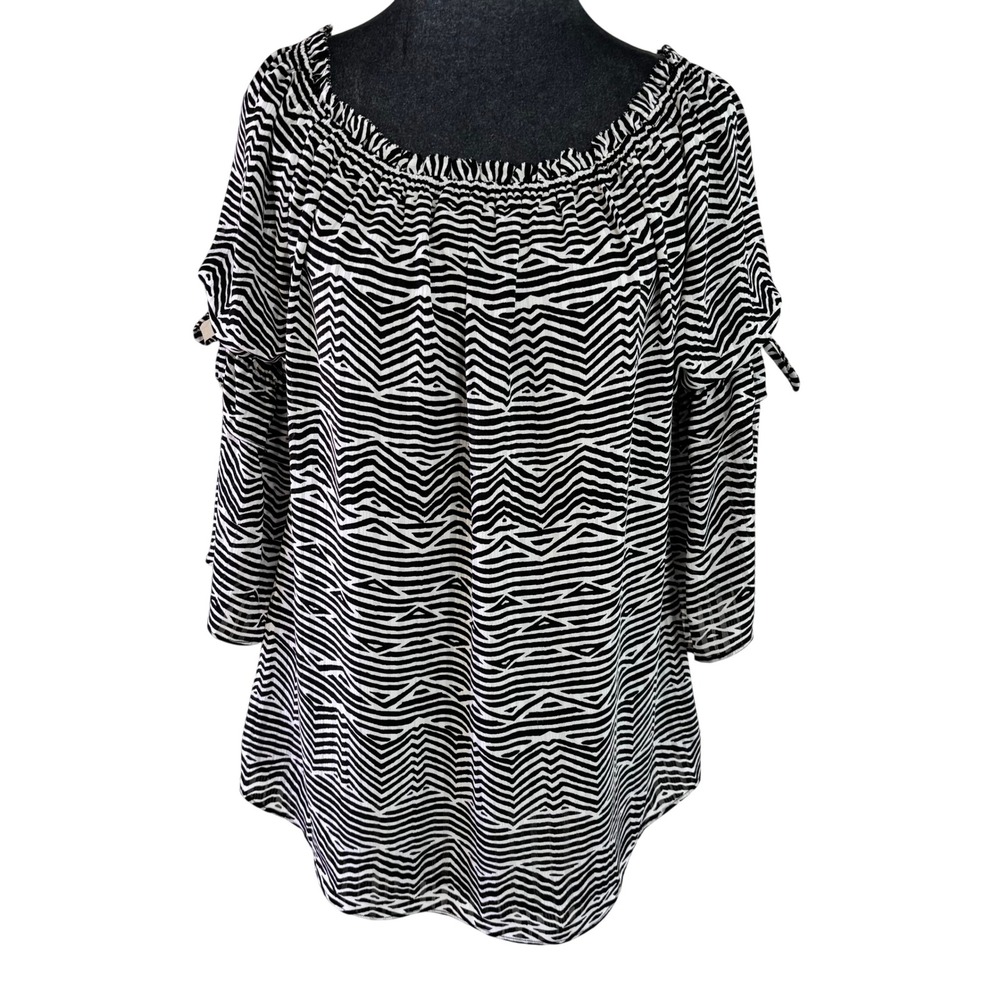 WHBM Geometric Print Boho Chic Off Shoulder Tie Sleeve Blouse Black White L